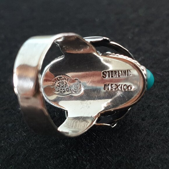 Bold Vintage 1920s Taxco Mexico Turquoise Sterling Silver Art Deco Poison Ring - Picture 6 of 14